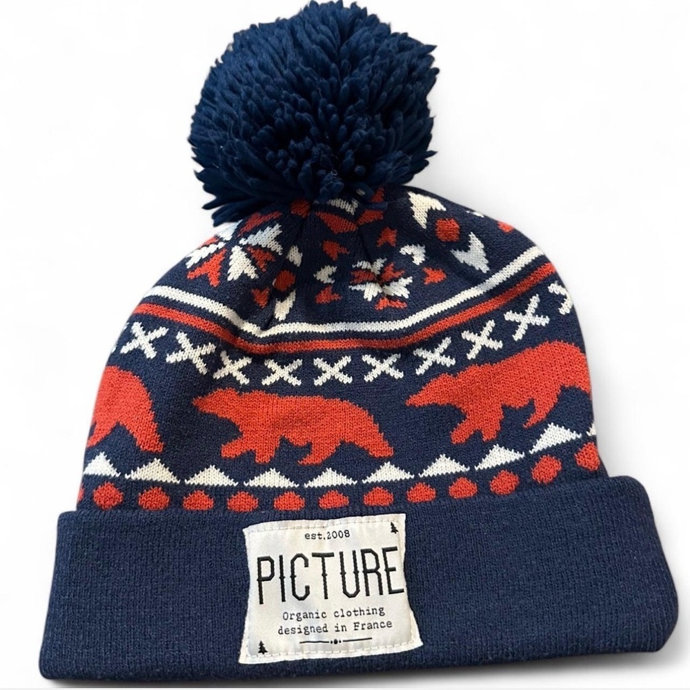 Picture Organic Blue Beanie with Red Bear Design